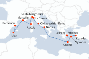 Carte itinéraire croisière - 14 jours au départ de Barcelone - Méditerranée
