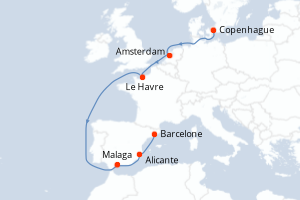 Carte itinéraire croisière - 9 jours au départ de Copenhague - Méditerranée