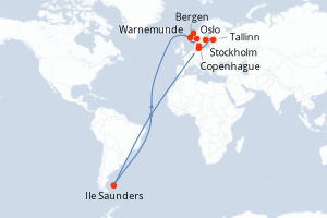 Carte itinéraire croisière - 9 jours au départ de Stockholm - Europe du Nord
