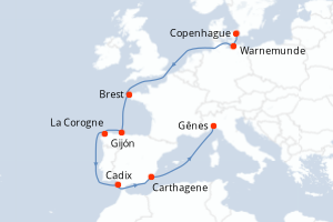 Carte itinéraire croisière - 11 jours au départ de Copenhague - Méditerranée