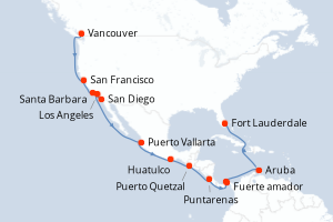 Carte itinéraire croisière - 23 jours au départ de Vancouver - Transatlantique