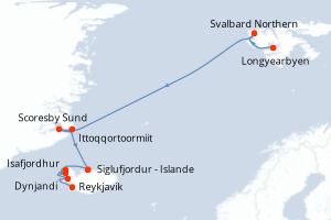 Carte itinéraire croisière  - 17 jours au départ de Longyearbyen - Europe du Nord