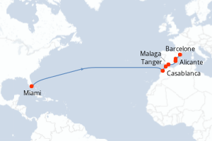Carte itinéraire croisière - 14 jours au départ de Miami - Transatlantique