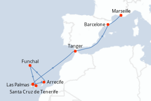 Carte itinéraire croisière - 11 jours au départ de Santa Cruz de Tenerife - Méditerranée