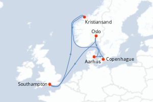 Carte itinéraire croisière  - 7 jours au départ de Southampton - Europe du Nord