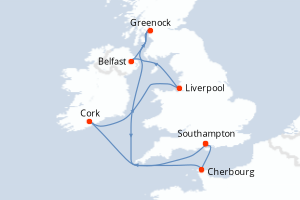 Carte itinéraire croisière - 7 jours au départ de Southampton - Europe du Nord