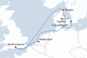 Carte itinéraire croisière  - 7 jours au départ de Southampton - Europe du Nord