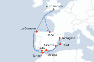 Carte itinéraire croisière  - 14 jours au départ de Southampton - Europe du Nord