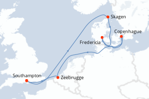Carte itinéraire croisière  - 7 jours au départ de Southampton - Europe du Nord