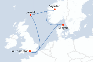Carte itinéraire croisière  - 7 jours au départ de Southampton - Europe du Nord