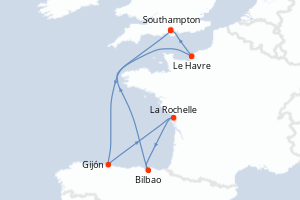 Carte itinéraire croisière - 7 jours au départ de Southampton - Europe du Nord