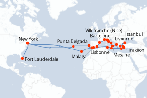 Carte itinéraire croisière - 48 jours au départ de New York - Caraïbes Bahamas