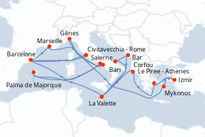 Carte itinéraire croisière - 10 jours au départ de Civitavecchia - Rome - Méditerranée