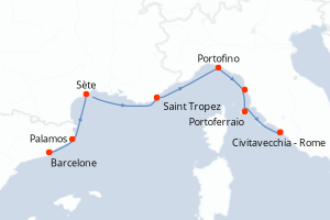 Carte itinéraire croisière - 7 jours au départ de Barcelone - Méditerranée