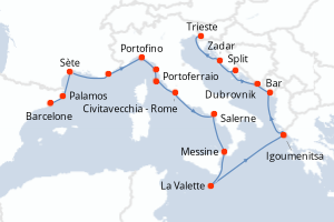 Carte itinéraire croisière - 17 jours au départ de Barcelone - Méditerranée