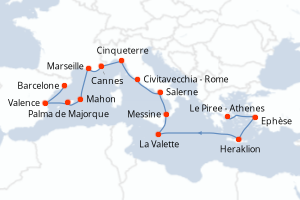 Carte itinéraire croisière - 14 jours au départ de Le Piree - Athenes - Méditerranée