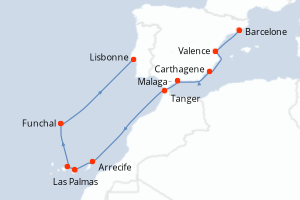 Carte itinéraire croisière  - 11 jours au départ de Barcelone - Atlantique