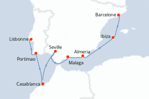 Carte itinéraire croisière - 7 jours au départ de Lisbonne - Méditerranée