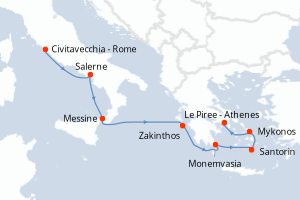 Carte itinéraire croisière - 7 jours au départ de Civitavecchia - Rome - Méditerranée