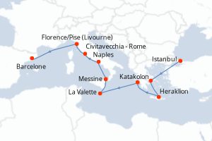 Carte itinéraire croisière  - 12 jours au départ de Istanbul - Méditerranée