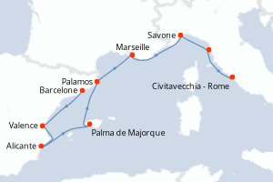 Carte itinéraire croisière - 9 jours au départ de Barcelone - Méditerranée