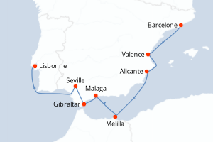Carte itinéraire croisière - 9 jours au départ de Barcelone - Atlantique