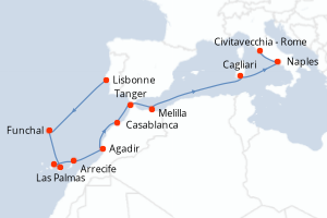 Carte itinéraire croisière - 14 jours au départ de Lisbonne - Méditerranée