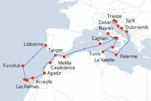 Carte itinéraire croisière - 24 jours au départ de Lisbonne - Méditerranée