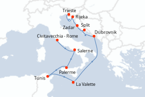Carte itinéraire croisière - 10 jours au départ de Civitavecchia - Rome - Méditerranée