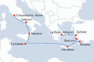 Carte itinéraire croisière - 9 jours au départ de Le Piree - Athenes - Méditerranée