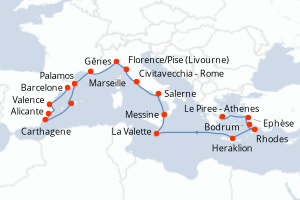 Carte itinéraire croisière  - 19 jours au départ de Le Piree - Athenes - Méditerranée