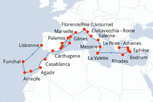 Carte itinéraire croisière  - 28 jours au départ de Le Piree - Athenes - Atlantique