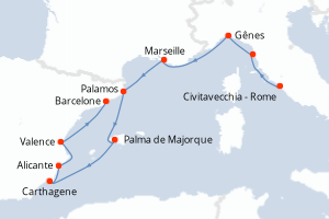Carte itinéraire croisière - 10 jours au départ de Civitavecchia - Rome - Méditerranée
