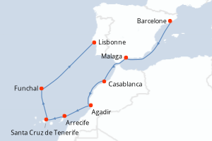 Carte itinéraire croisière - 9 jours au départ de Barcelone - Atlantique