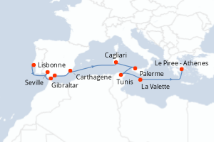 Carte itinéraire croisière  - 12 jours au départ de Lisbonne - Méditerranée