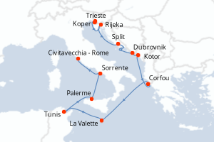 Carte itinéraire croisière - 12 jours au départ de Trieste - Méditerranée