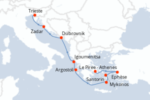 Carte itinéraire croisière - 9 jours au départ de Le Piree - Athenes - Méditerranée