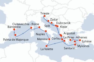 Carte itinéraire croisière  - 23 jours au départ de Le Piree - Athenes - Méditerranée