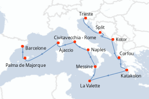 Carte itinéraire croisière  - 14 jours au départ de Trieste - Méditerranée