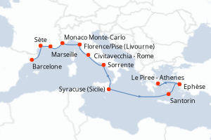 Carte itinéraire croisière - 12 jours au départ de Barcelone - Méditerranée