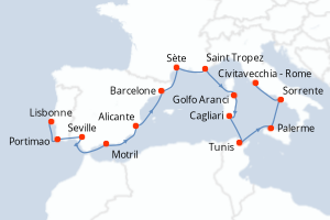 Carte itinéraire croisière - 14 jours au départ de Lisbonne - Méditerranée