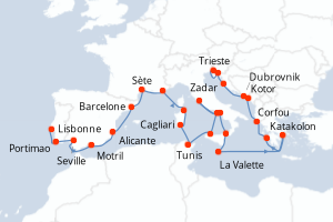 Carte itinéraire croisière - 26 jours au départ de Lisbonne - Méditerranée