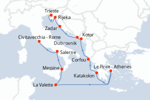 Carte itinéraire croisière - 12 jours au départ de Civitavecchia - Rome - Méditerranée