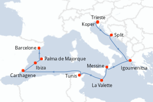 Carte itinéraire croisière - 12 jours au départ de Trieste - Méditerranée