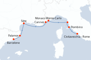 Carte itinéraire croisière - 7 jours au départ de Barcelone - Méditerranée