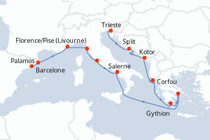 Carte itinéraire croisière - 12 jours au départ de Trieste - Méditerranée