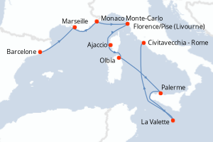 Carte itinéraire croisière - 9 jours au départ de Barcelone - Méditerranée