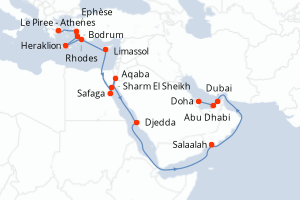 Carte itinéraire croisière - 21 jours au départ de Le Piree - Athenes - Mer Rouge Océan Indien