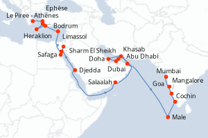 Carte itinéraire croisière - 33 jours au départ de Le Piree - Athenes - Mer Rouge Océan Indien