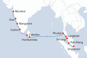 Carte itinéraire croisière - 14 jours au départ de Mumbai - Asie